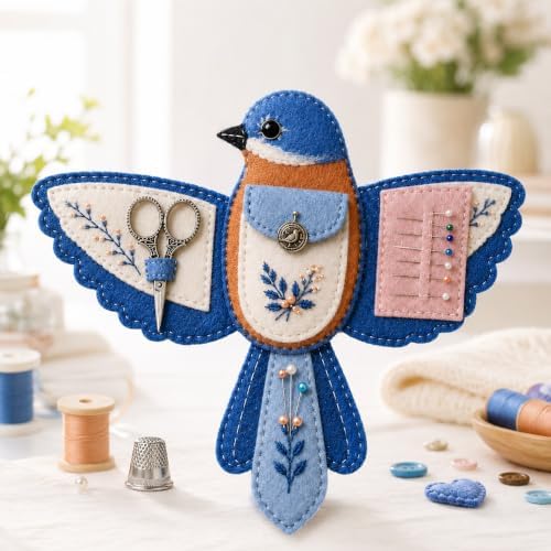Bird-Shaped Felt Sewing Organizer DIY Kit, Handmade Needlepoint Embroidery Craft Set for Beginners Adults, Woodland Bird Design, Gift for Quilters, Charming Vintage Decor(Bluebird) by Unknown