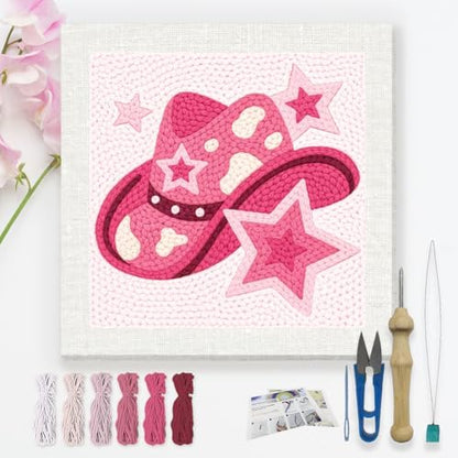 DOODLREAM Weatern Cowboy Punch Needle Kit for Beginner, 9.4"x9.4" Pink Star Hat Stitching Craft Set, DIY Embroidery Starter with Printed Frame, Instruction, Threader, Yarn, Pinch Needle by Doodlream