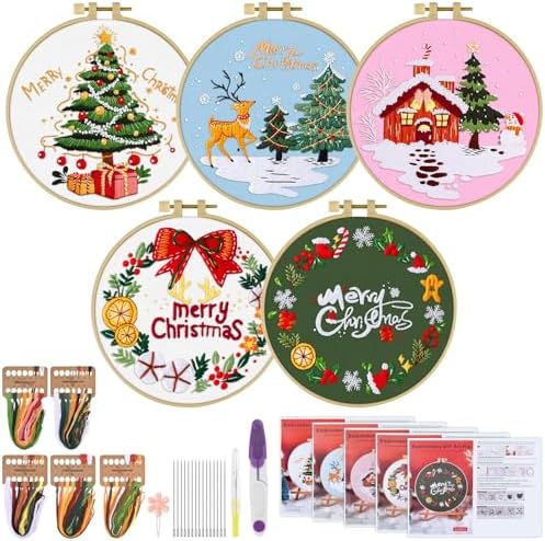 ERKOON 5 Sets Embroidery Kit for Beginners, Christmas Cross Stitch Set with Easy Pattern Embroidery Cloth Hoops Threads for Craft Lover Hand Stitch by ERKOON
