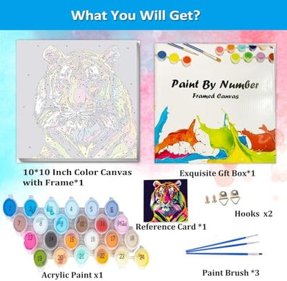Artunion Framed Paint by Numbers Kit for Adults Beginners & Kids Ages 8-12,Colorful Tiger Paint by Number with Frame, Animals Paint by Numbers Kit on Canvas 10 * 10 Inch Without Easel - Image 4
