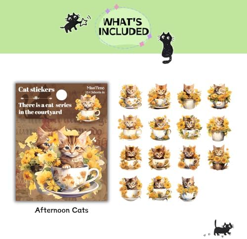 45 pcs Junk Journal Scrapbook Sticker, Junk Journal Supplies, Aesthetic Washi Materials, Decorative Ephemera Planner Arts Craft, Watercolor Scrapbooking for Adults (Afternoon Cats) - Image 2
