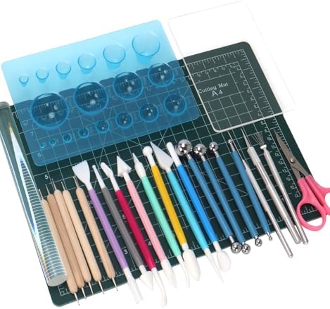 Basic Polymer Clay Tools, Clay Sculpting Tools Acrylic Roller Pin, Clear Rectangle Sheet Press Board, Double-Ended Pottery Carving Set for Beginner (26) by WOLWEFA