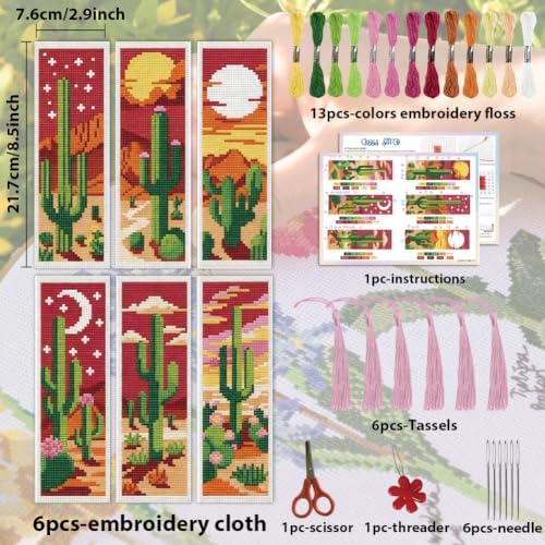 ACRNIGHEET 6PCS Cross Stitch Bookmark Kit for Beginner Stamped Cross Stitch Kits for Adults Cactus DIY Tassel Embroidery Bookmark Kits Needlepoint Kit with Instructions Craft Gift 8.5''x3'' 11CT - Image 2