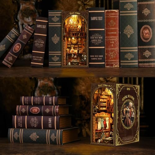 Book Nook Corner mini House Set, DIY Royal Tailor's mini Light and Shadow Book Stand Set, and 3D Wooden Puzzle Bookshelf with LED Lights for Plug-in Decoration, Suitable for Teenager. - Image 4