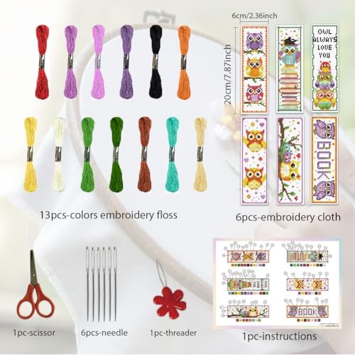ORIGACH 6 Set Cross Stitch Bookmark Kit for Beginner Owl Pattern DIY Stamped Embroidery Bookmark Kit with 13 Colors Embroidery Floss Instructions - Image 2
