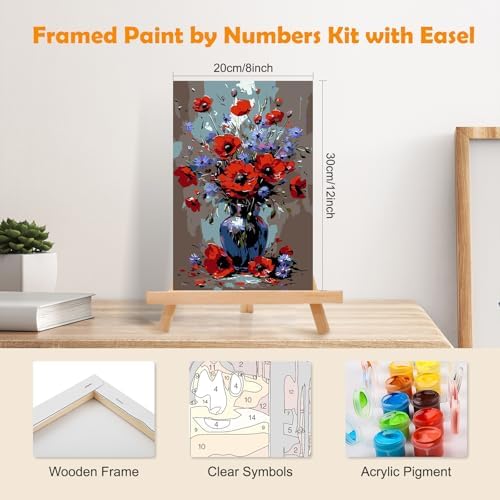 MOGTAA Flowers in Vase Paint by Numbers Kit for Adults Beginners with Frame, Landscape Adult Paint by Number Kits on Canvas with Easel, Easy DIY Oil Painting Kits for Home Decor, 8x12in - Image 2