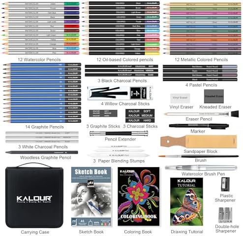 KALOUR 82 Pack Drawing Sketching Kit, Pro Art Supplies with Sketchbook, Include Tutorial,Colored, Graphite, Charcoal, Watercolor,Metallic & Pastel Pencils, Drawing Set for Adults Teens Beginner - Image 2
