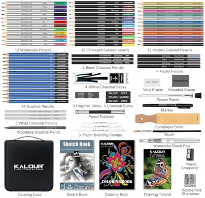 KALOUR 82 Pack Drawing Sketching Kit, Pro Art Supplies with Sketchbook, Include Tutorial,Colored, Graphite, Charcoal, Watercolor,Metallic & Pastel Pencils, Drawing Set for Adults Teens Beginner - Image 2