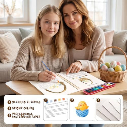 Easter Watercolor Workbook for Adults, Beginner Friendly Watercolor Painting Kit Bunny Eggs Water Coloring Book, Nature-Themed Practice Art Gift Water Color Paint Book with Palette and Brush - Image 4