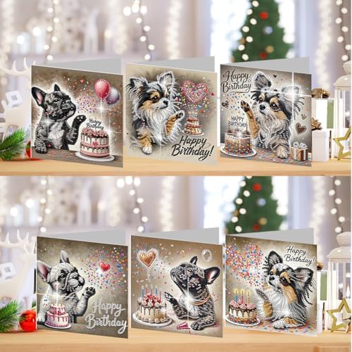 jinglinhh 6pcs Diamond Art Painting Happy Birthday Cake French Bulldog Puppy Chihuahua Dog Greeting Cards with Envelopes, DIY Card Making Kits for Adults, Diamond Art Postcards Christmas Cards Craft Gifts - Image 4