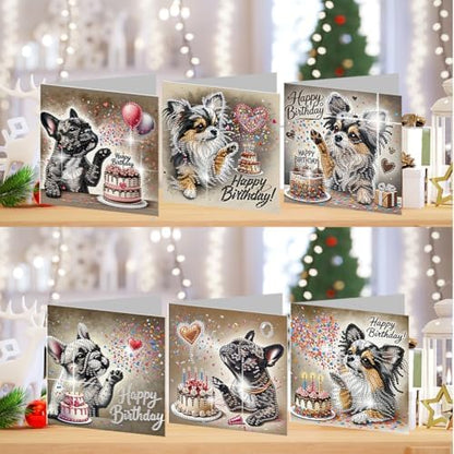jinglinhh 6pcs Diamond Art Painting Happy Birthday Cake French Bulldog Puppy Chihuahua Dog Greeting Cards with Envelopes, DIY Card Making Kits for Adults, Diamond Art Postcards Christmas Cards Craft Gifts - Image 4