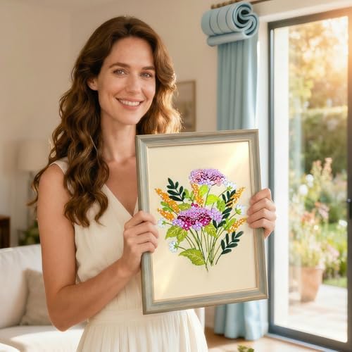 LX LERMX Embroidery Kit for Beginners Adults, 34 Stitch Techniques with Floral Patterns, Complete DIY Kit with Stamped Patterns, Hoop, Colorful Threads, Tools (Pattern 1) - Image 6