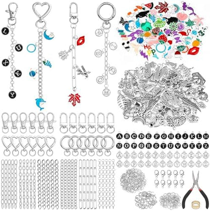 Modacraft 443 Pcs Charms Lip Gloss Keychain Making Kit, Silver DIY Bag Charm Kit Including 28 Key Chain Hooks 30 Extender Chains 172 Charms 200 Jump Rings 10 Lobster Clasps 1 Plier for Gifts Supplies by Modacraft