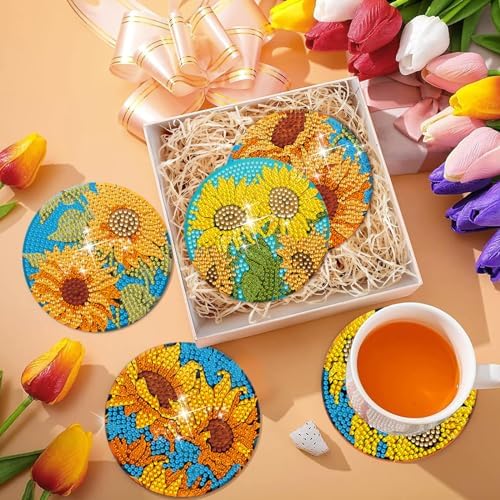 EWJRNSF 6 PCS Sunflower Diamond Painting Coasters Kit for Adults DIY Craft - Image 7
