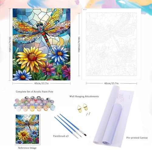 Natuyalo Paint by Numbers Kit for Adults Beginners, 16" Wx20 L Canvas Pictures Painting Acrylic Paintwork with 3 Pcs Paintbrushes, Dragonfly and Flowers - Image 5