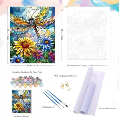 Natuyalo Paint by Numbers Kit for Adults Beginners, 16" Wx20 L Canvas Pictures Painting Acrylic Paintwork with 3 Pcs Paintbrushes, Dragonfly and Flowers - Image 5