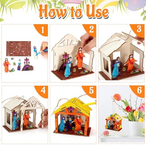 8Pcs Christian Easter Crafts Wooden House for Boy Girl & Adult, Religious Easter Activities DIY Kit with Jesus He Is Risen Egg Bunny, Spring Bible Art Gift for Basket Stuffers Party Favors Decor Bulk - Image 7