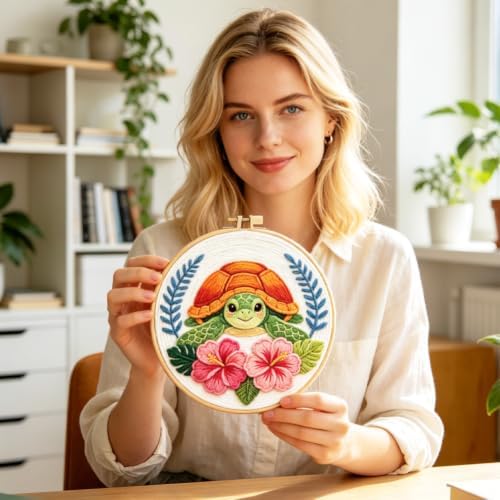 INFUNLY 2PCS Cute Turtle Punch Needle Kit for Beginners Pink Flower Punch Needle Embroidery Starter Kit 8.7×8.7Inch DIY Needlepoint Kits with Turtles Pattern Instruction for Festival Gift Home Decor - Image 7