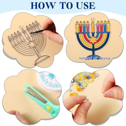 Dunzoom 30 Set Hanukkah Craft Kit Chanukah Suncatchers Kits Window Art Menorah Dreidel DIY Make Your Own Paint Suncatcher Ornaments for Jewish Hanukkah Art Craft Activity - Image 3