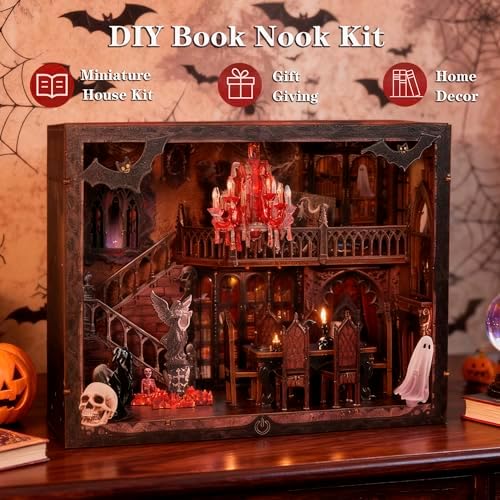 Haunted Manor DIY Miniature House Kit with LED Lights - Gothic Book Nook Decor, 3D Wooden Puzzle for Adults, Halloween Home Decoration (AAA Batteries Not Included) - Image 2