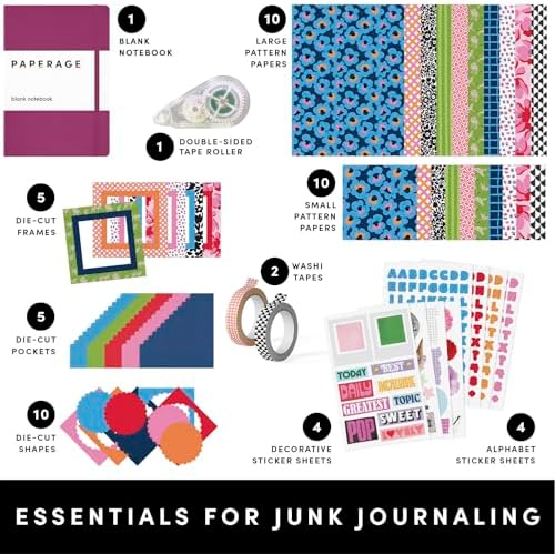 PAPERAGE Junk Journal & Scrapbook Kit, Hardcover Blank Journal Notebook, 20 Patterned Papers, 8 Sticker Sheets, 20 Die-Cut Shapes, 2 Washi Tapes & Tape Roller, Creative Journaling Supplies - Raspberry - Image 2