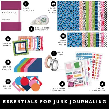 PAPERAGE Junk Journal & Scrapbook Kit, Hardcover Blank Journal Notebook, 20 Patterned Papers, 8 Sticker Sheets, 20 Die-Cut Shapes, 2 Washi Tapes & Tape Roller, Creative Journaling Supplies - Raspberry - Image 2