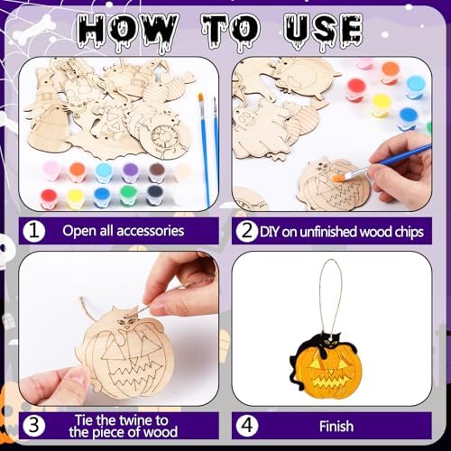 JellyArch 36 Pcs Halloween Wood Cutouts Crafts, Halloween Pumpkin Skull Bat Ghost Blank Unfinished Wooden Shape Slice, DIY Crafts Paint Hanging Ornaments for Party Decor - Image 4
