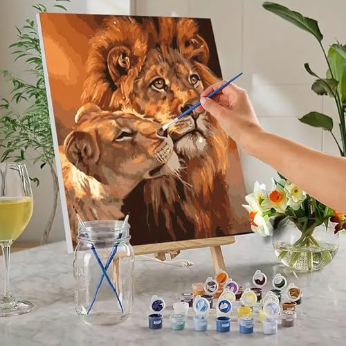 MaiMMaledy Paint by Numbers Kit for Adults Beginners 8Wx12L inch Canvas Pictures with Framed Drawing Painting Works with Wooden Triangle Easel Acrylic Pigment Lion - Image 2