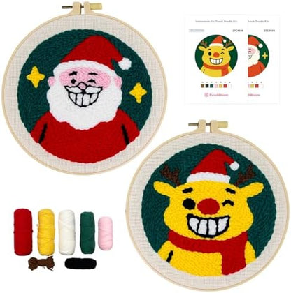 Christmas Punch Needle Kit for Adult Beginner, 2-Pack Santa & Reindeer Easy Punch Embroidery Starter Set with Instruction, Fun DIY Needle Point Craft for Home Decor & Holiday Gift Idea by PunchBloom