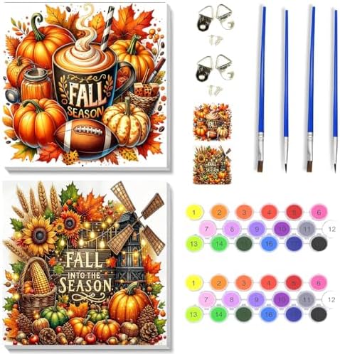 2 pack Fall Paint by Numbers Kit for Adults Beginner With Framed,Thanksgiving Pumpkin Easy Adult Paint by Number Kits on Canvas DIY Painting for Beginners Art by Numbers for Home Wall Decor 10x10 Inch by NEGEKFKX