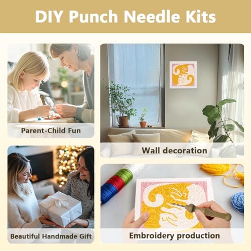 DOODLREAM Hug Cats Punch Needle Kit for Beginner, 9.4"x9.4" Cute Animal Punch Stitching Craft Set, DIY Embroidery Starter with Printed Frame, Instruction, Threader, Yarn, Pinch Needle - Image 4