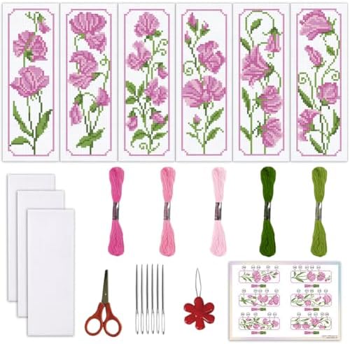 ORIGACH 6 Set Pea Flower Cross Stitch Bookmark Kit for Beginner by ORIGACH