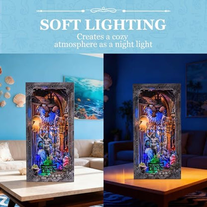 fifijoy Book Nook Kit - Atlantis DIY Miniature House Dollhouse Kit for Adults and Teens, 3D Wooden Puzzle Bookend Bookshelf Insert Decor with LED Light, Gifts for Family and Friends - Image 6