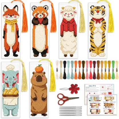 ACRNIGHEET 6PCS Cross Stitch Bookmark Kit for Beginner Stamped Cross Stitch Kits for Adults Cute Animals DIY Tassel Embroidery Bookmark Kits Needlepoint Kit with Instructions Craft Gift 8.5''x3'' 11CT by ACRNIGHEET