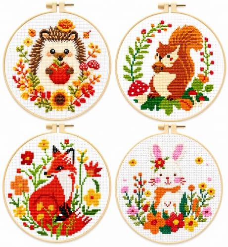Zhenqing 4 Pack Woodland Animal Stamped Cross Stitch Kit, 11CT Printed Fox Squirrel Hedgehog Bunny Patterns with Hoop and Tools for Adults and Beginners by ZhenqingHomeFlagship