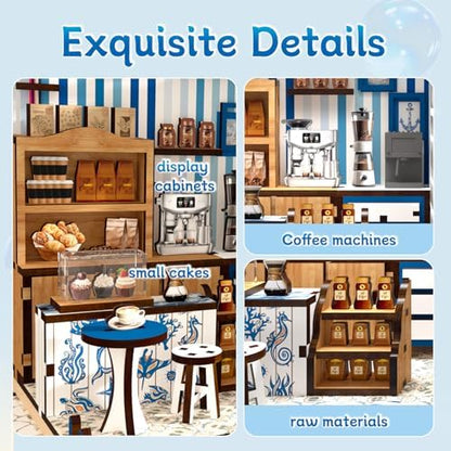 DIY Miniature Dollhouse Kit with Touch LED Light, 3D Wooden Puzzle Santorini Cafe Model, Creative Ocean Style Building Set, Arts and Crafts Gift for Adults (317 Pcs) - Image 5