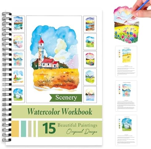 Watercolor Workbooks for Adults Beginners & Teens, 16 Colors 15 Beautiful Paintings, Pre-Outlined Designs, Easy Watercolor Art Book（Without Palette Scenery） by Terself