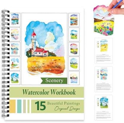 Watercolor Workbooks for Adults Beginners & Teens, 16 Colors 15 Beautiful Paintings, Pre-Outlined Designs, Easy Watercolor Art Book（Without Palette Scenery） by Terself