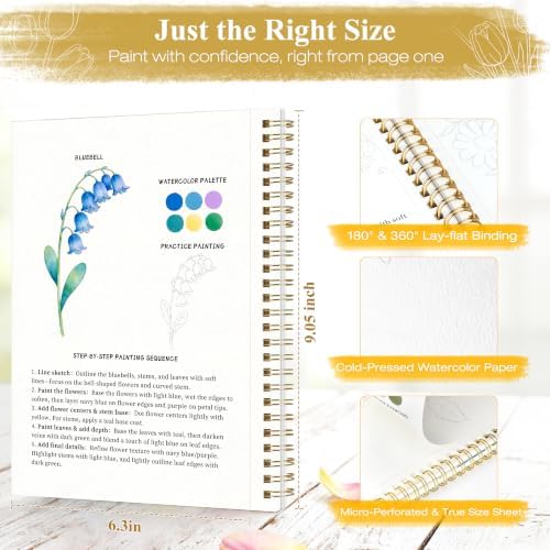 Creazic Watercolor Workbook for Beginners, Floral Water Coloring Book, 16 Sheets, 140lb/300gsm Cold Press Watercolor Paper, Step-by-Step Watercolor Guide for Stress Relief & Fun Painting (Book Only) - Image 6