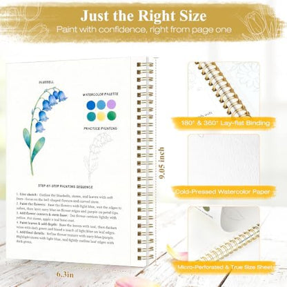 Creazic Watercolor Workbook for Beginners, Floral Water Coloring Book, 16 Sheets, 140lb/300gsm Cold Press Watercolor Paper, Step-by-Step Watercolor Guide for Stress Relief & Fun Painting (Book Only) - Image 6