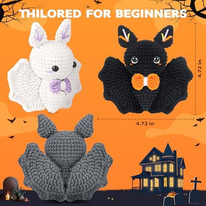 Crochet Kit for Beginners, Beginner Crochet Kit for Adults with Step-by-Step Video Tutorials, Halloween Gifts DIY Crochet Animal Kits Knitting Supplies, 3 Pack Bat (40%+ Yarn) - Image 3