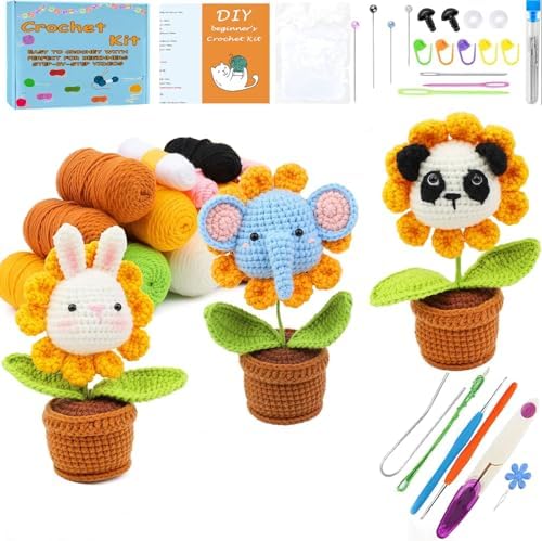 3 PCS DIY Flower Crochet Kit for Beginners Animal Potted Plants Starter Knitting Kit Complete Learn to Crochet Pot for Adults Art Craft Supplies Gift with Step-by-Step Video Tutorials and Pattern - Image 2