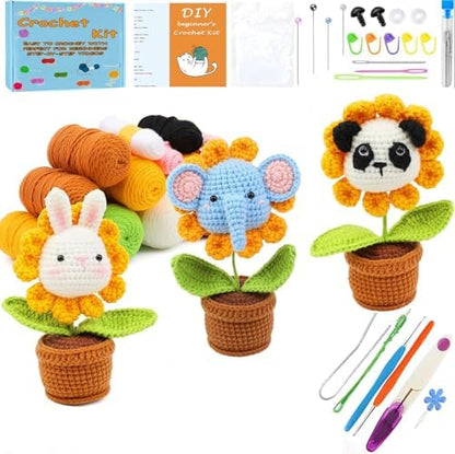 3 PCS DIY Flower Crochet Kit for Beginners Animal Potted Plants Starter Knitting Kit Complete Learn to Crochet Pot for Adults Art Craft Supplies Gift with Step-by-Step Video Tutorials and Pattern - Image 2