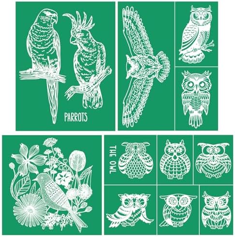 DGAGA 4PCS Owl Self-Adhesive Silk Screen Stencil Parrot Mesh Transfers Various Birds Pattern for Festival Stencils Screen Printing Stencils for Painting on Wood, Home Decor,Bag, T-Shirts 8.5x11 in by DGAGA