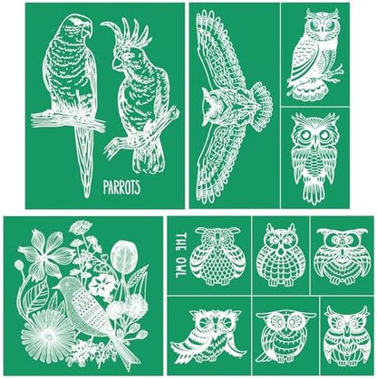 DGAGA 4PCS Owl Self-Adhesive Silk Screen Stencil Parrot Mesh Transfers Various Birds Pattern for Festival Stencils Screen Printing Stencils for Painting on Wood, Home Decor,Bag, T-Shirts 8.5x11 in by DGAGA