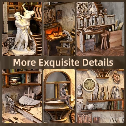 MiniCity DIY Book Nook Kit, Miniature Dollhouse Kit, Book Nook Kits for Adults Gift, Booknook Bookend Bookshelf & Home Decor with LED Light (Bernini's Workshop) - Image 3