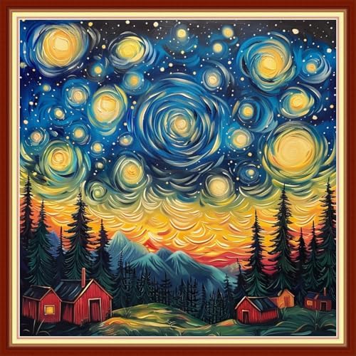 Joyhoor Stamped Cross Stitch Kits for Beginners, Needlepoint Kits for Adults, 11CT Counted Embroidery Kits-Van Gogh Starry Sky 18x18 inchs by JoyhoorCrossStitchKits