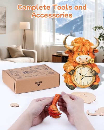 3D Puzzles for Adults-Wooden Highland Cow Clock Puzzle DIY Clock Model Kit - Image 3