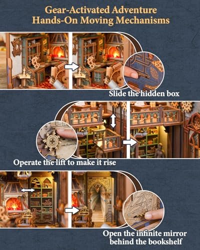 Tonecheer DIY Book Nook Kit for Adults, 3D Puzzle Wooden Miniature House Kit, Booknook Dollhouse Bookshelf Insert Decor Bookend with Dust Cover and LED Lights Gifts (Leonardo da Vinci) - Image 5