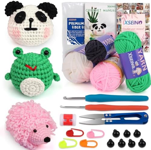 XSEINO Crochet Kit for Beginners - Crochet Start Kit with Step-by-Step Video Tutorials - Learn to Crochet Kits for Adults and Kids - Panda, Frog, Hedgehog by XSEINOiscreating%EF%BC%81